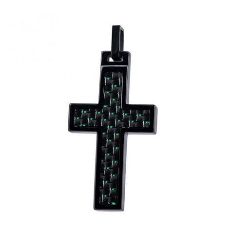 High Polish Black Ip Cross Pendant With Green Carbon Fiber Inlay