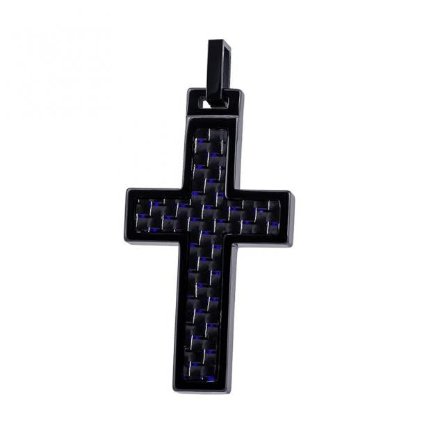 High Polish Black Ip Cross Pendant With Blue Carbon Fiber Inlay