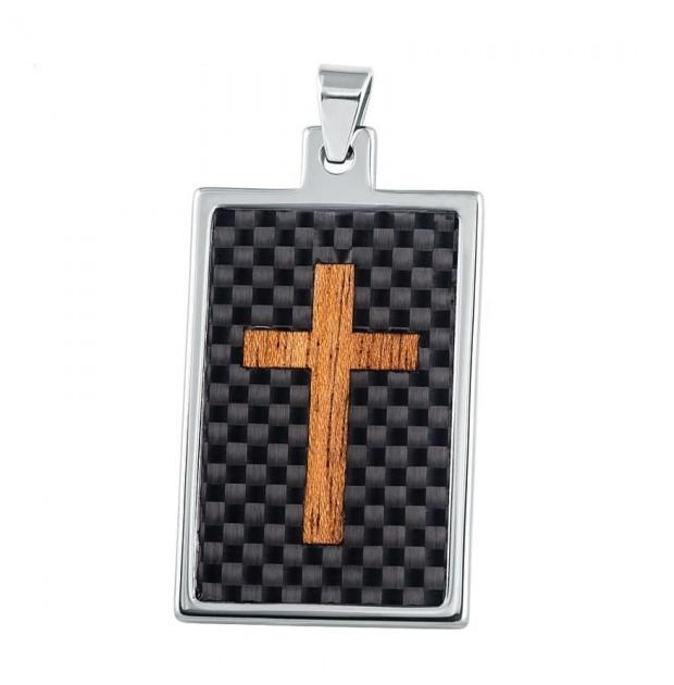 High Polish Tungsten Carbide Dog Tag Pendant With Black Carbon Fiber & Hawaiian Koa Cross Wood Inlay