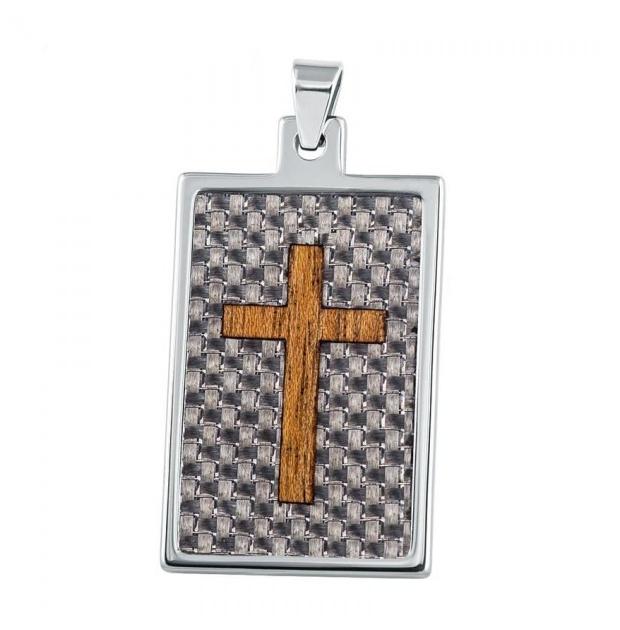 High Polish Tungsten Carbide Dog Tag Pendant With Gray Carbon Fiber & Hawaiian Koa Cross Wood Inlay