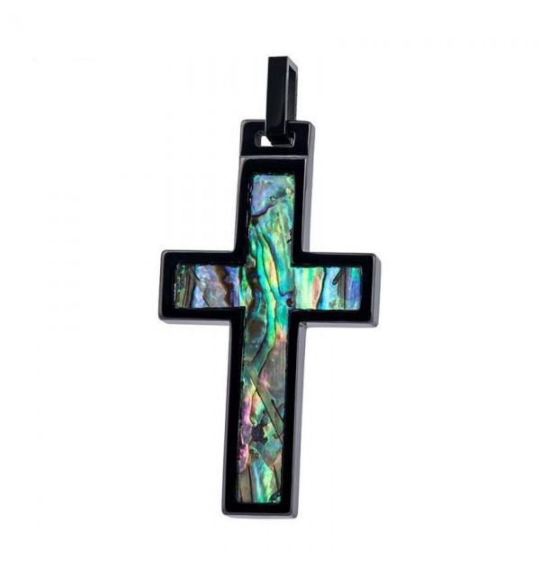 High Polish Black Ip Tungsten Carbide Cross Pendant With Abalone Inlay