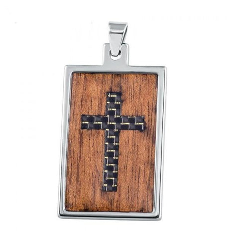 High Polish Tungsten Carbide Dog Tag Pendant With Hawaiian Koa Wood & Black Golden Carbon Fiber Inlay