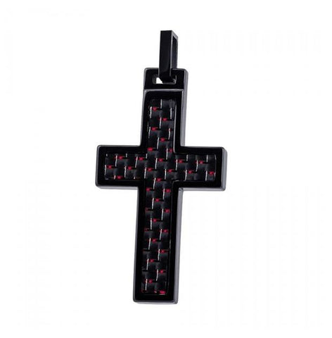 High Polish Black Ip Cross Pendant With Red Carbon Fiber Inlay