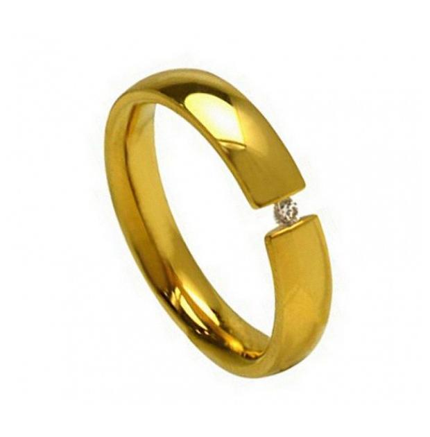 Titanium Ring Yellow Gold Plated With Round-cut Cubic Zirconia On Tension-styled Setting 4mm