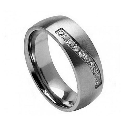 Titanium Ring With 10 Round-cut Cubic Zirconia On A Wave Groove, <b>size: 10</b>