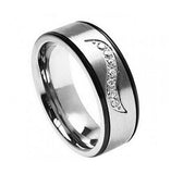 Titanium Ring Black & Gun Metal With 7 Round-cut Cubic Zirconia On A Wave Groove 7mm, <b>size: 10</b>