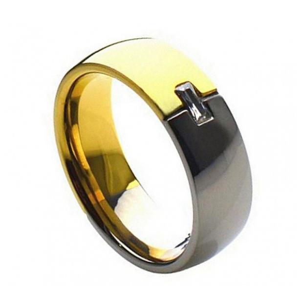 Titanium Ring Two-tone With Emerald-cut Cubic Zirconia 7mm