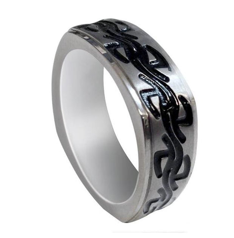 Titanium Ring High Polish Soft Square Stepped Edge Satin Finish Center With Black Enamel Plated Wave Tribal Design 8mm