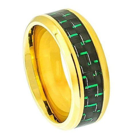 Titanium Ring Yellow Gold Plated High Polished Beveled Edge With Green Carbon Fiber Inlay - 8mm, <b>size: 10</b>