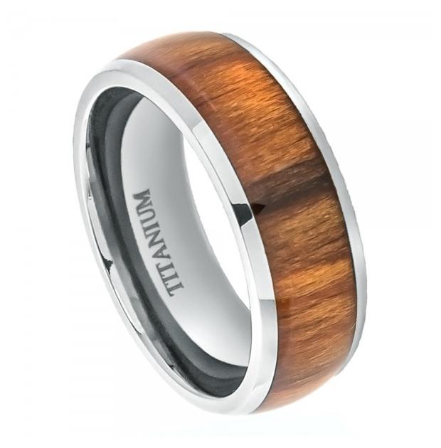 Titanium Ring High Polished Domed With Santos Rosewood Inlay - 8mm, <b>size: 10</b>