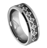 High Polished Titanium & Cut-out Masonic Symbol Inlay Over Black Carbon Fiber Inlay; Beveled Edge 8mm, <b>size: 10</b>