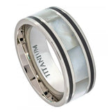 Titanium Ring Pipe Cut With Creamy Ivory Hued Mother Of Pearl Inlay - 9mm, <b>size: 10</b>