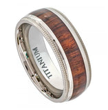 Titanium Ring Domed Milgrain Edge With Hawaiian Koa Rosewood Inlay - 8mm, <b>size: 10</b>