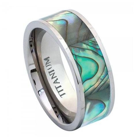 Titanium Ring Pipe Cut With Rainbow Rippled Abalone Inlay - 8mm, <b>size: 10</b>