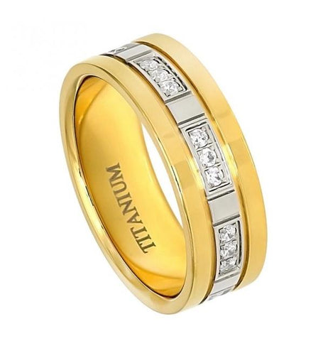 Titanium Ring High Polished Yellow Gold Plated With 24 Cubic Zirconia - 7mm, <b>size: 10</b>