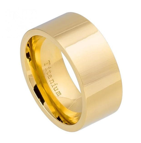 High Polished Pipe-cut Yellow Gold Ip Titanium Ring - 10mm, <b>size: 10</b>