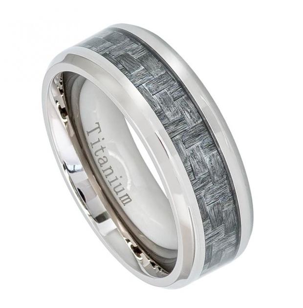 High Polish Titanium Ring With Charcoal Gray Carbon Fiber Inlay Beveled Edge 8mm, <b>size: 10</b>