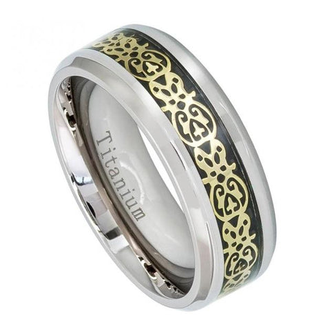 High Polished Titanium Ring With Cut-out Aztec Design Over Black Carbon Fiber Inlay; Beveled Edge - 8mm, <b>size: 10</b>