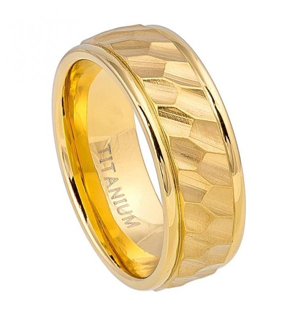 Hexagon Carved Design On Brushed Center With High Polished Stepped Edge Yellow Gold Ip Titanium Ring - 8mm, <b>size: 10</b>