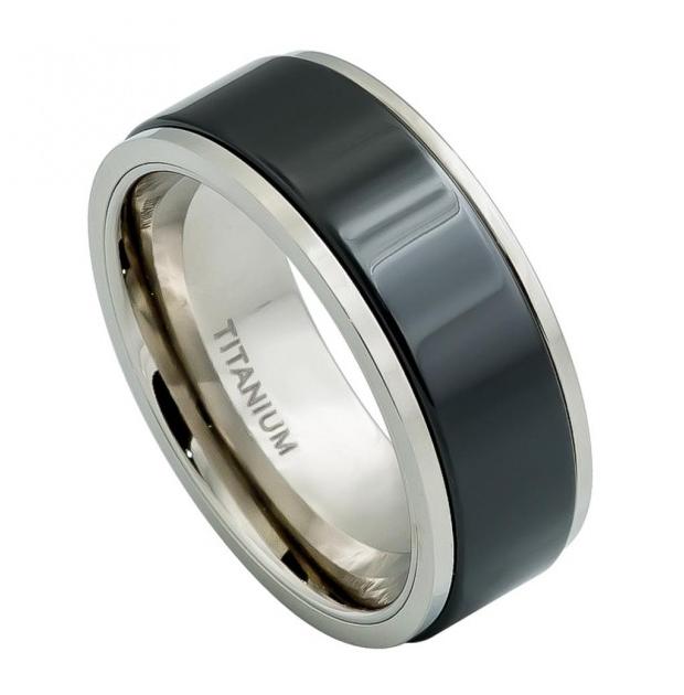 Stepped Edge Titanium Ring Base With High Polished Black Ceramic Center - 8mm, <b>size: 10</b>