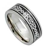 Pipe-cut High Polished Titanium Ring With Stainless Steel Fancy Tribal Design Over Black Carbon Fiber - 8mm, <b>size: 10</b>