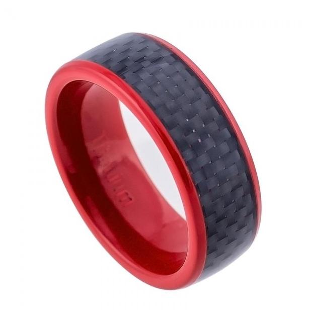 Red Ip High Polished Pipe-cut Titanium Ring With Black Carbon Fiber Inlay - 8mm, <b>size: 10</b>