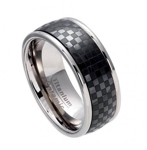 Titanium Ring With Laser Engraved Checkerboard Pattern On Black Ceramic Center - 8.5mm, <b>size: 10</b>