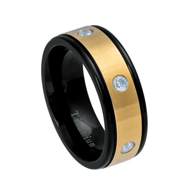 Black & Yellow Ip Titanium Ring With Six White Czs - 8mm, <b>size: 10</b>