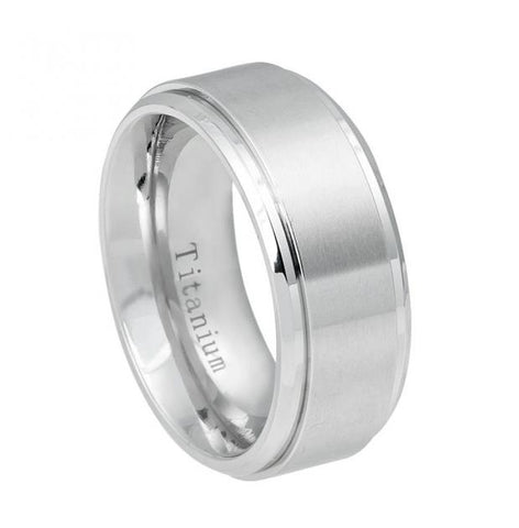 White Titanium Ring Brushed Center, Shiny Step Edge - 9mm