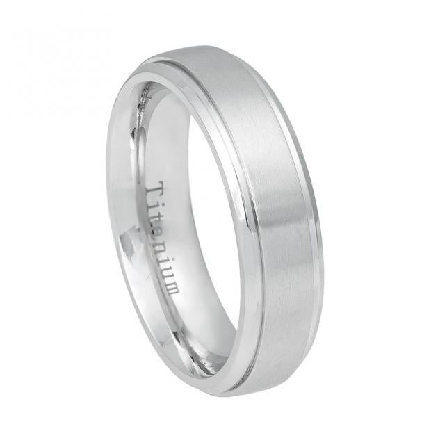 White Titanium Ring Brushed Center, Shiny Step Edge - 6mm, <b>size: 10</b>