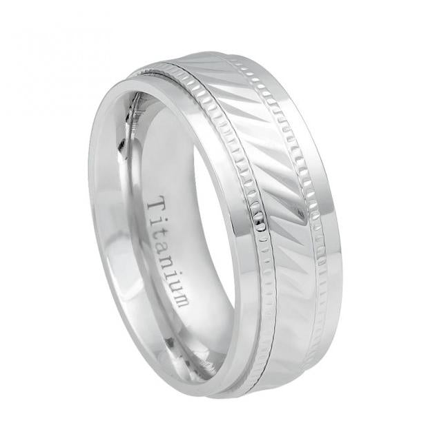 White Ip Titanium Ring Notched Center Milgrain - 8mm, <b>size: 10</b>