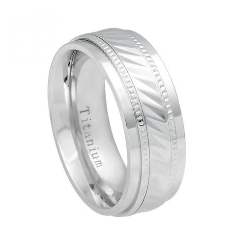 White Ip Titanium Ring Notched Center Milgrain - 8mm, <b>size: 10</b>