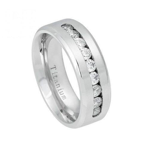 White Ip Titanium Ring Brushed Center Shiny Beveled Edge With 9 Channel-set Czs - 8mm, <b>size: 10</b>