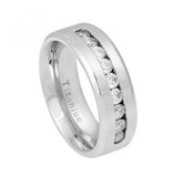 White Ip Titanium Ring Brushed Center Shiny Beveled Edge With 9 Channel-set Czs - 8mm, <b>size: 10</b>