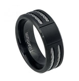 Square Grooved Center Brushed Black Ip Titanium Ring Low Beveled Edge With Double Cable Inlay - 8mm, <b>size: 10.5</b>