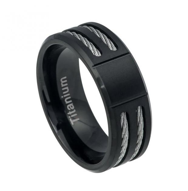 Square Grooved Center Brushed Black Ip Titanium Ring Low Beveled Edge With Double Cable Inlay - 8mm