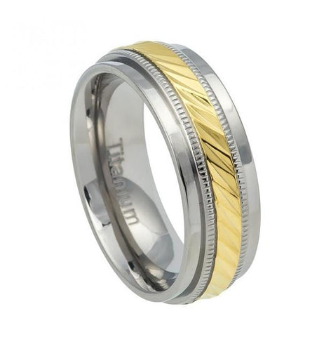 Titanium Ring Yellow Ip Notched Center With Milgrain - 7.5mm, <b>size: 10</b>