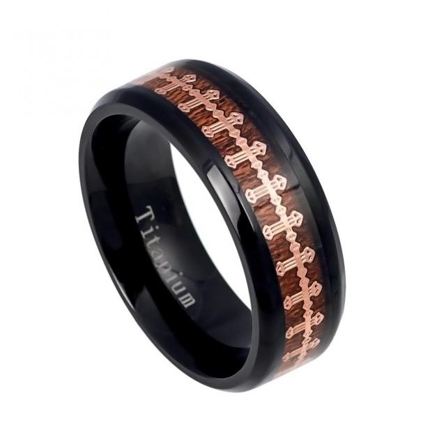 Black Ip Titanium Ring With Rose Gold Ip Wrap-around Cross Over Rosewood Inlay - 8mm, <b>size: 10</b>