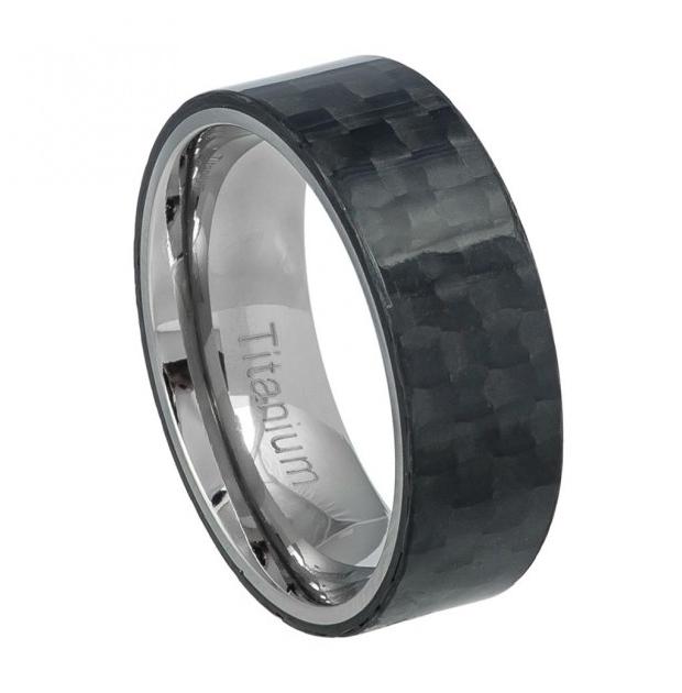 Pipe-cut Black Carbon Fiber Overlay On Titanium Ring Base - 8mm, <b>size: 10</b>