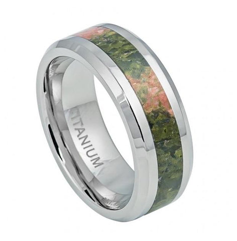 Titanium Ring With Orange & Green Riverstone Inlay - 8mm, <b>size: 10</b>