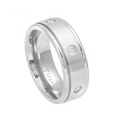 White Ip Titanium Ring Brushed Center With 6 Czs, Shiny Step Edge - 9mm, <b>size: 10</b>