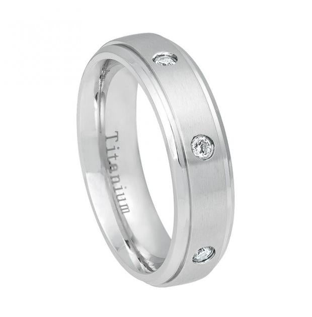 White Ip Titanium Ring Brushed Center With 6 Czs, Shiny Step Edge - 7mm, <b>size: 10</b>