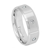 White Ip Titanium Ring Brushed Grooved With 6 Czs High Polished Beveled Edge - 8mm, <b>size: 10</b>