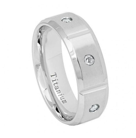 White Ip Titanium Ring Brushed Grooved With 6 Czs High Polished Beveled Edge - 8mm, <b>size: 10</b>