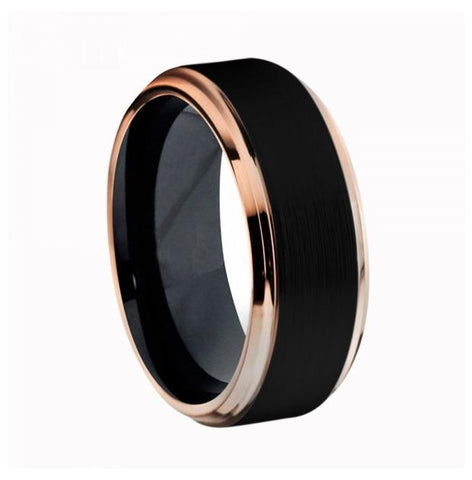 Two-tone Black Ip & Rose Gold Ip Brushed Center Step Edge Titanium Ring - 8mm, <b>size: 10</b>