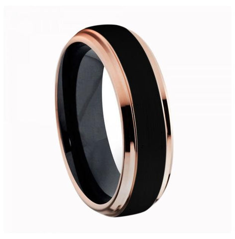 Two-tone Black Ip & Rose Gold Ip Brushed Center Step Edge Titanium Ring - 6mm, <b>size: 10</b>