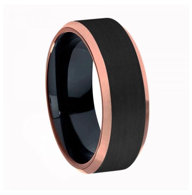 Two-tone Black Ip & Rose Gold Ip Brushed Center Shiny Beveled Edge Titanium Ring - 8mm, <b>size: 10</b>