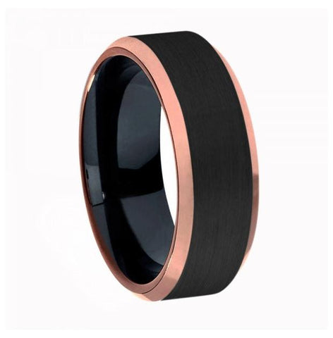 Two-tone Black Ip & Rose Gold Ip Brushed Center Shiny Beveled Edge Titanium Ring - 8mm, <b>size: 10</b>