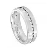 White Ip Titanium Ring Brushed Center Shiny Step Edge With Eternity Style Czs - 8mm, <b>size: 10</b>