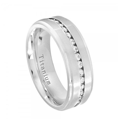 White Ip Titanium Ring Brushed Center Shiny Step Edge With Eternity Style Czs - 8mm, <b>size: 10</b>